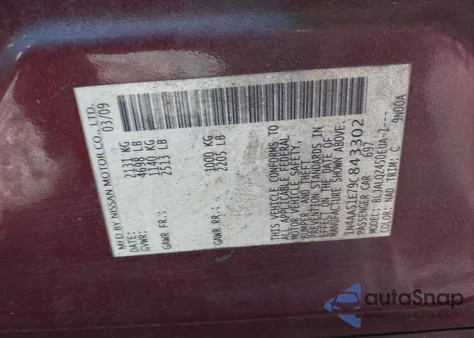 2009 Nissan Maxima 3.5 S z USA, uszkodzony, nr VIN 1N4AA51E79C843302